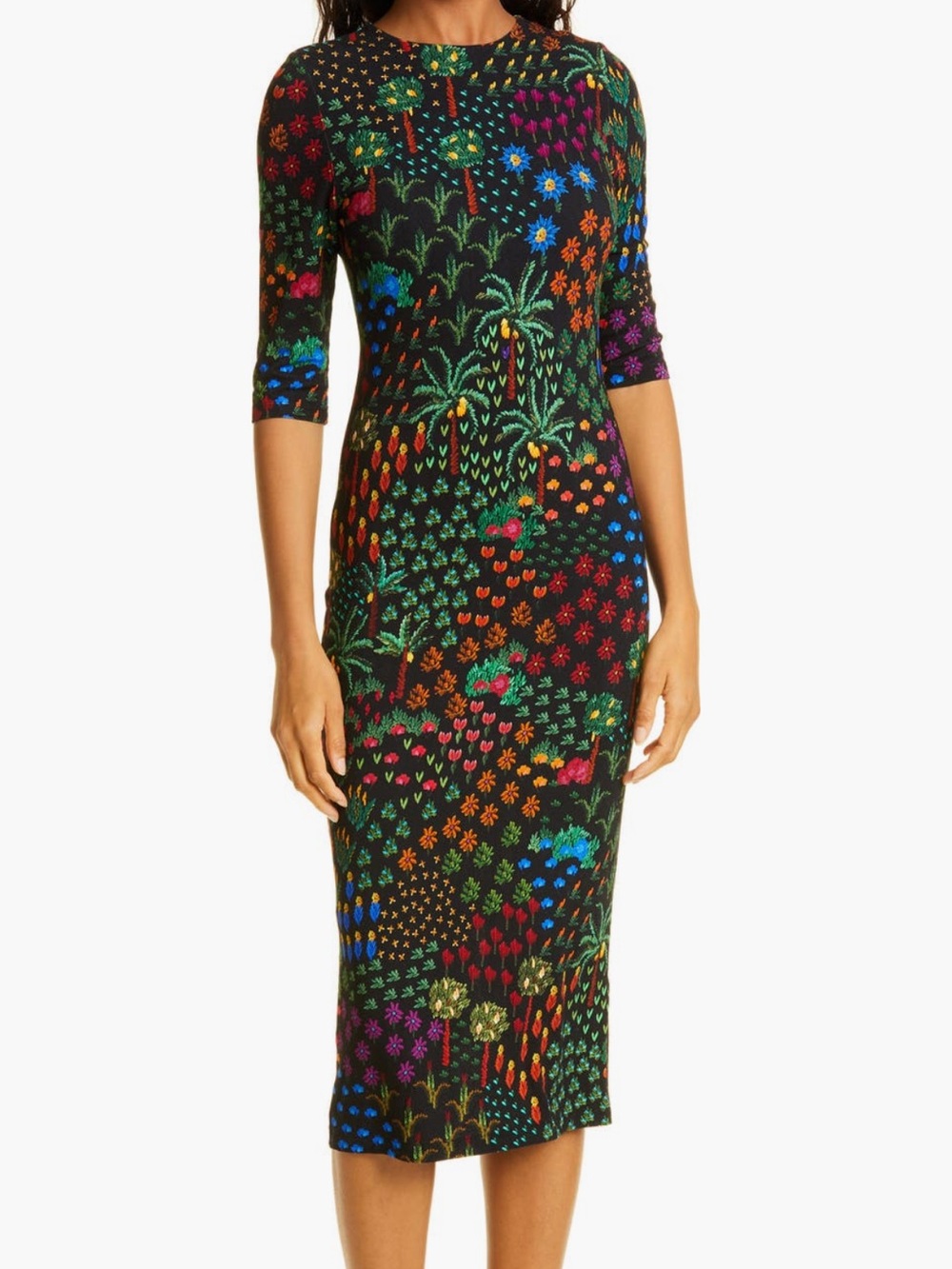 FARM Rio Black Fruit Garden Jersey Dress Midi Dress Size: XS